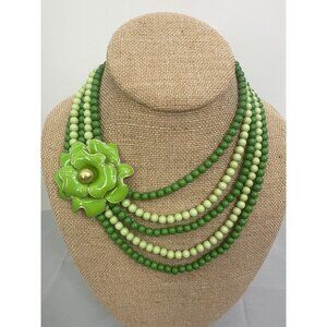 Vintage Green Beaded Necklace With Large Flower Pendant & Gold Accents